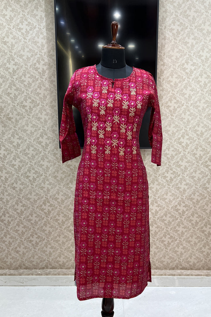 Red Embroidery with Floral Print Calf Length Kurti