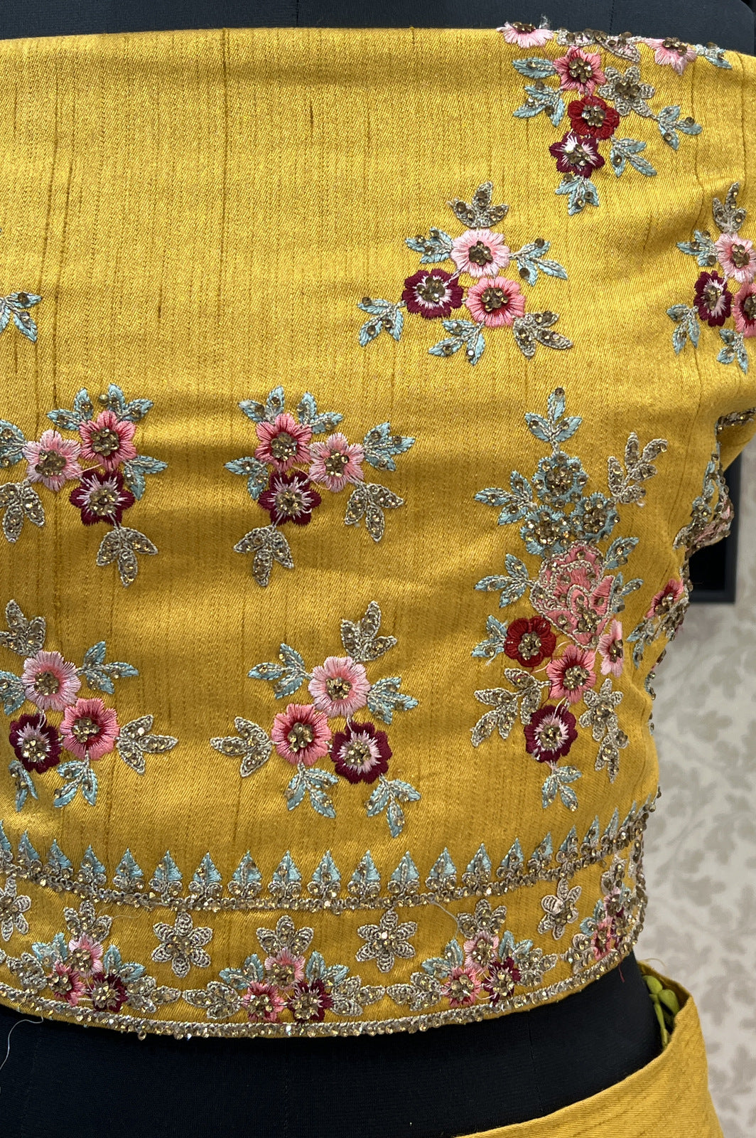 Yellow and Pink Multicolor Embroidery and Zari work Semi Stitched Designer Lehenga