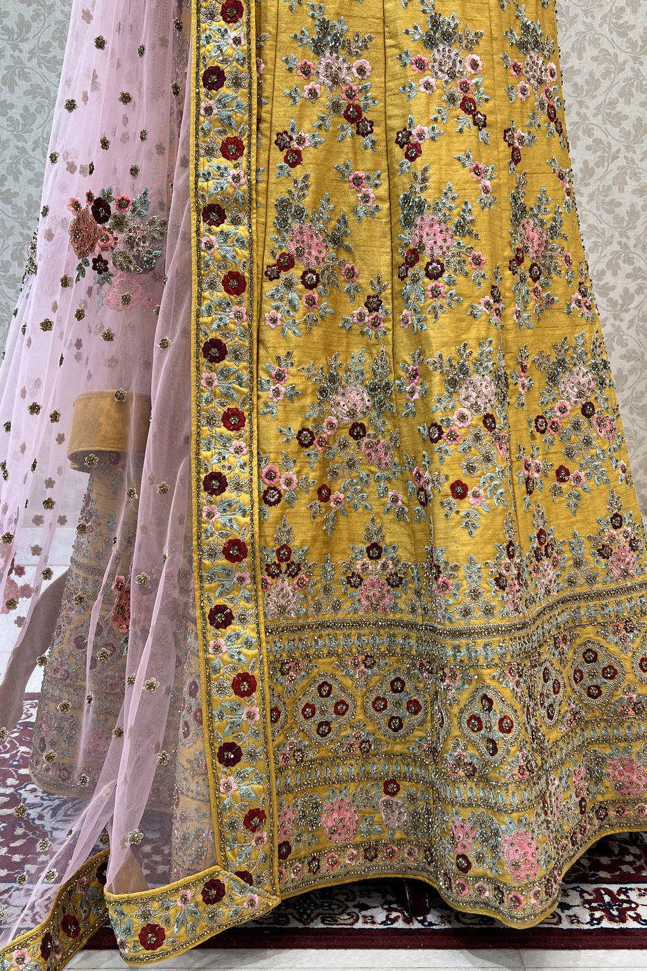 Yellow and Pink Multicolor Embroidery and Zari work Semi Stitched Designer Lehenga