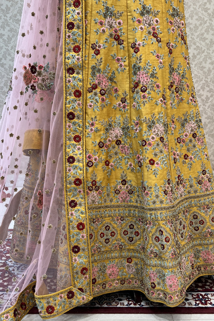 Yellow and Pink Multicolor Embroidery and Zari work Semi Stitched Designer Lehenga