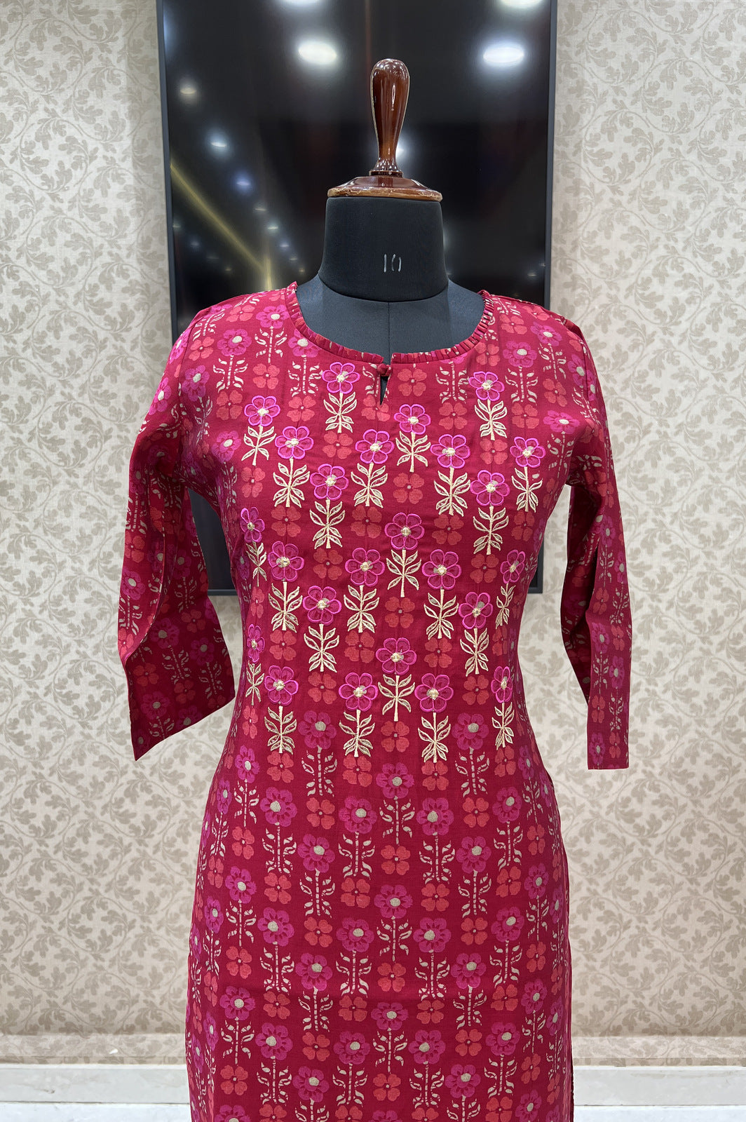 Red Embroidery with Floral Print Calf Length Kurti