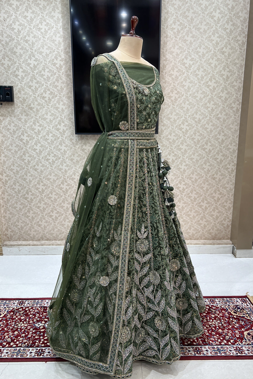 Green Silver Zari, Embroidery, Sequins and Stone work Semi Stitched Designer Bridal Lehenga