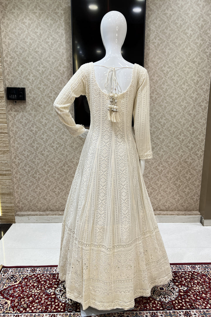 Cream Lucknowi, Sequins, Beads, Zardozi and Stone work Floor Length Anarkali Suit