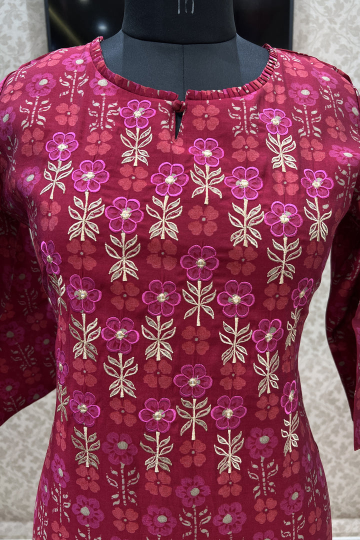 Red Embroidery with Floral Print Calf Length Kurti