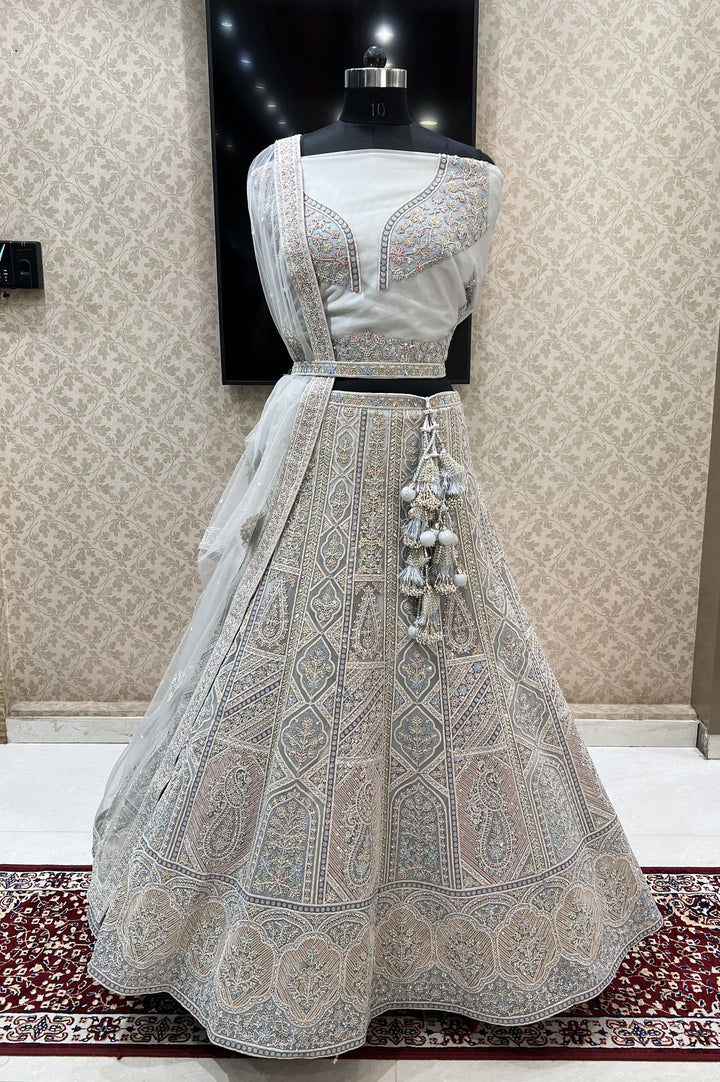 Grey Stone, Sequins and Multicolor Thread work Semi Stitched Designer Bridal Lehenga