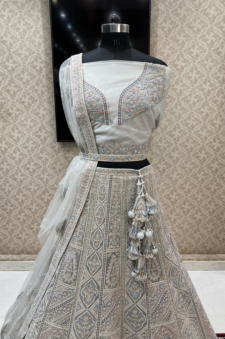 Grey Stone, Sequins and Multicolor Thread work Semi Stitched Designer Bridal Lehenga