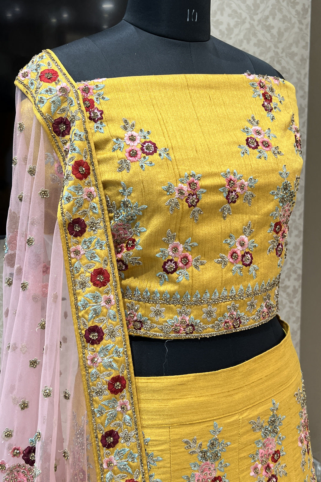 Yellow and Pink Multicolor Embroidery and Zari work Semi Stitched Designer Lehenga