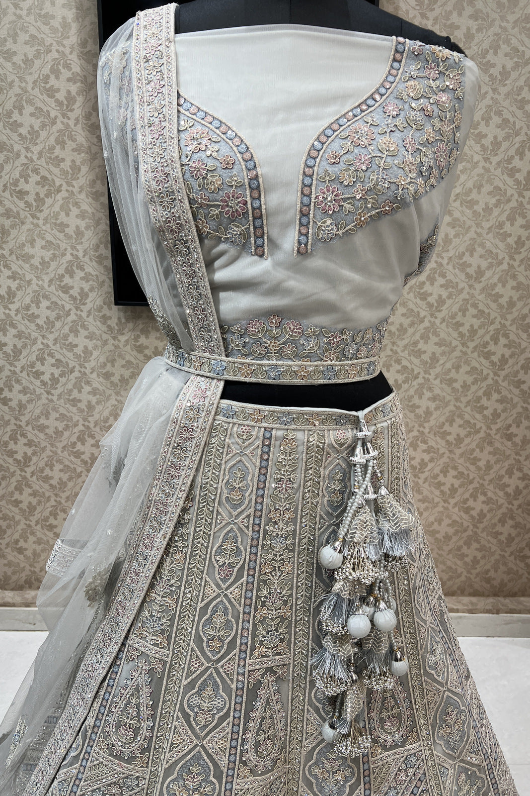 Grey Stone, Sequins and Multicolor Thread work Semi Stitched Designer Bridal Lehenga