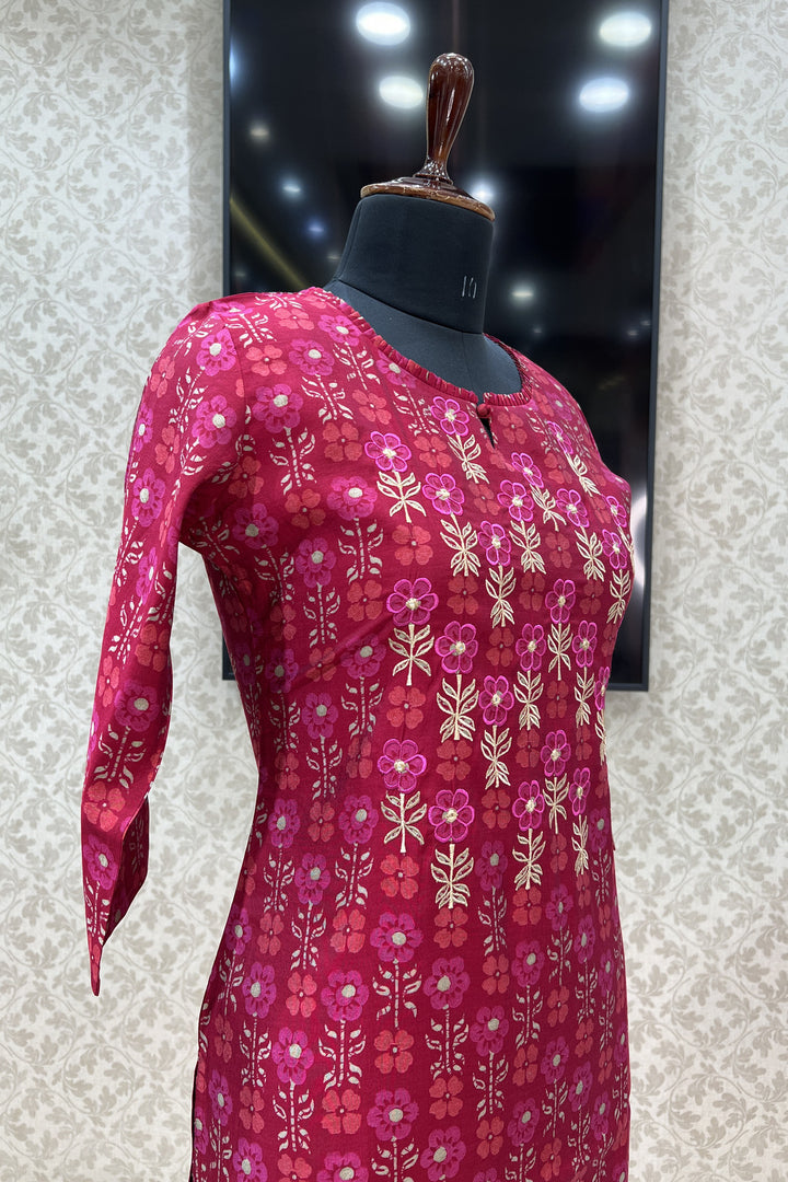 Red Embroidery with Floral Print Calf Length Kurti