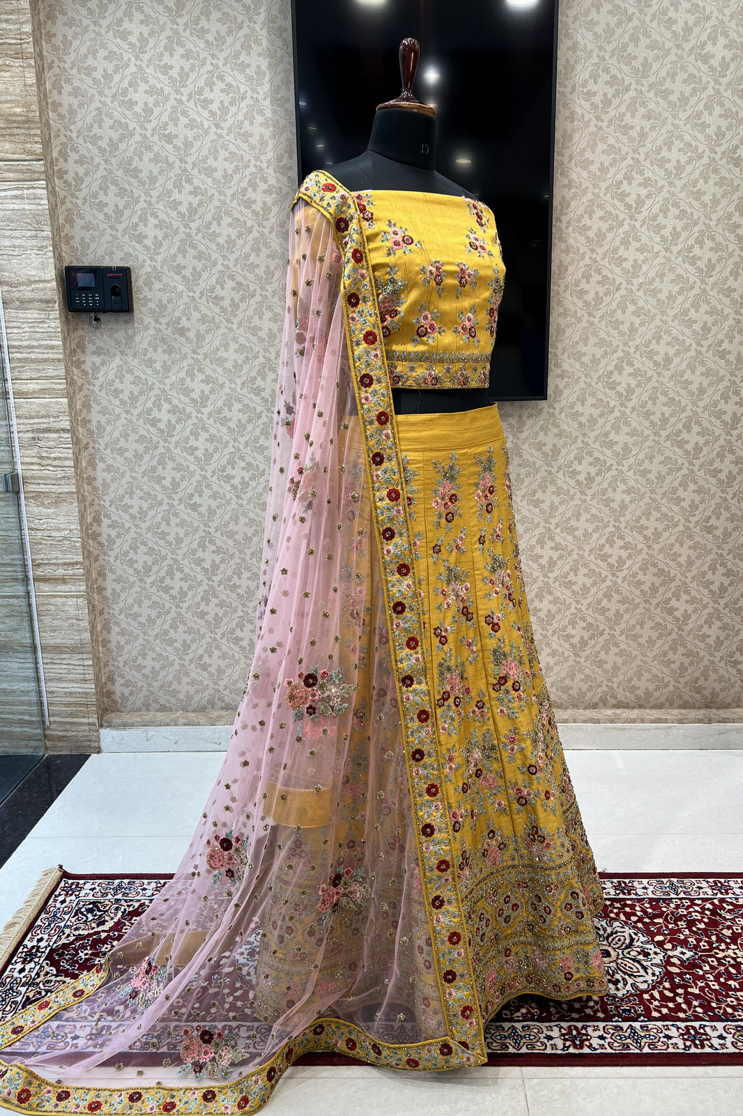 Yellow and Pink Multicolor Embroidery and Zari work Semi Stitched Designer Lehenga