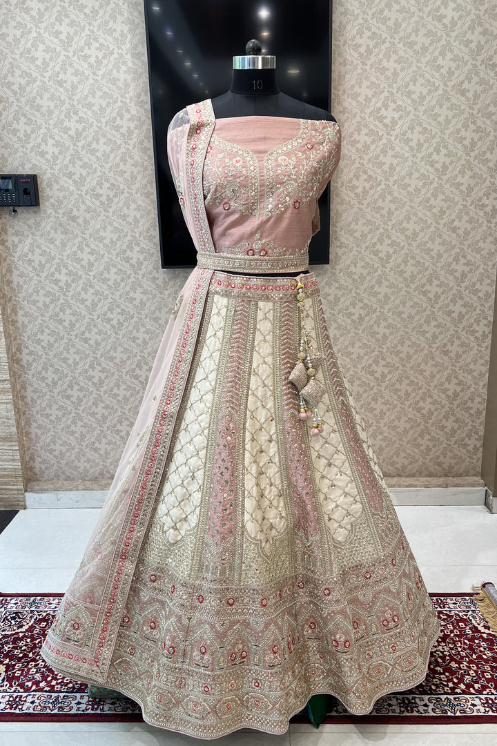 Onion Pink with Cream Sequins, Zari and Stone work Semi Stitched Designer Bridal Lehenga