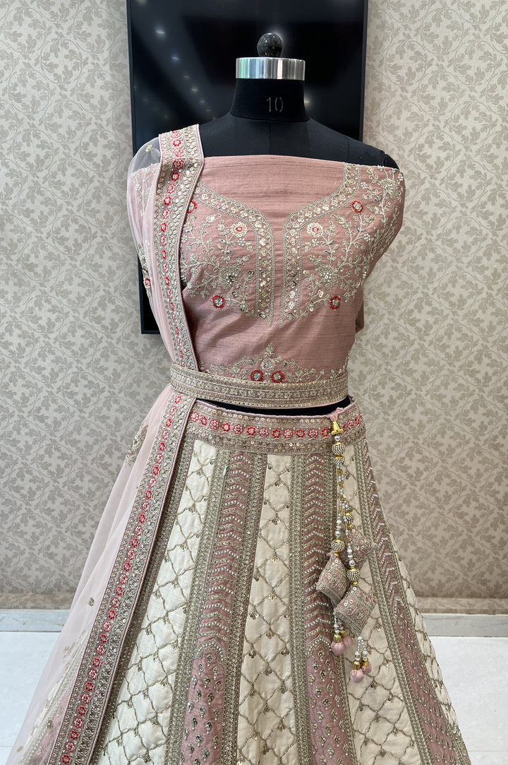 Onion Pink with Cream Sequins, Zari and Stone work Semi Stitched Designer Bridal Lehenga