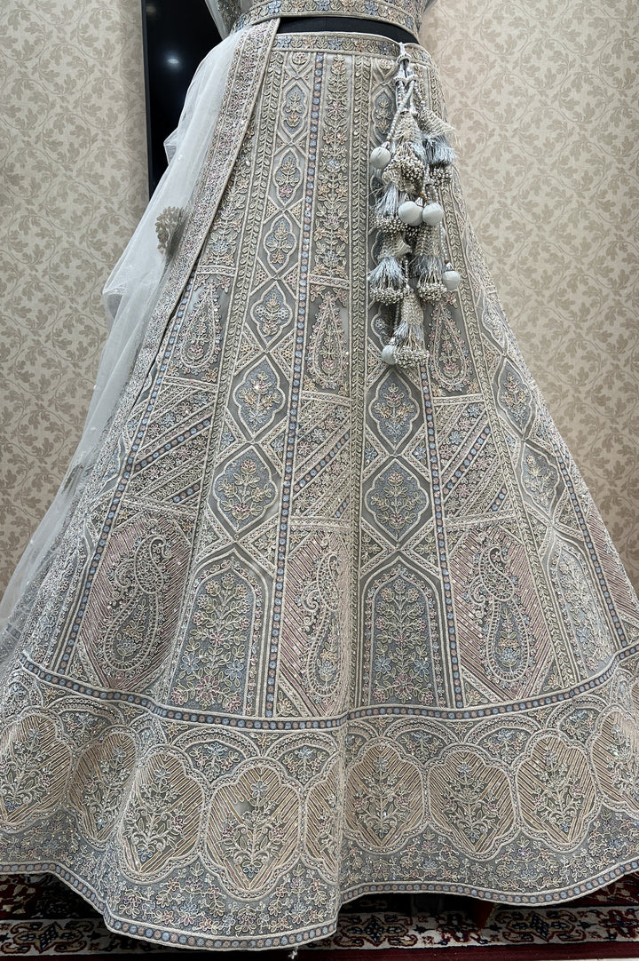 Grey Stone, Sequins and Multicolor Thread work Semi Stitched Designer Bridal Lehenga