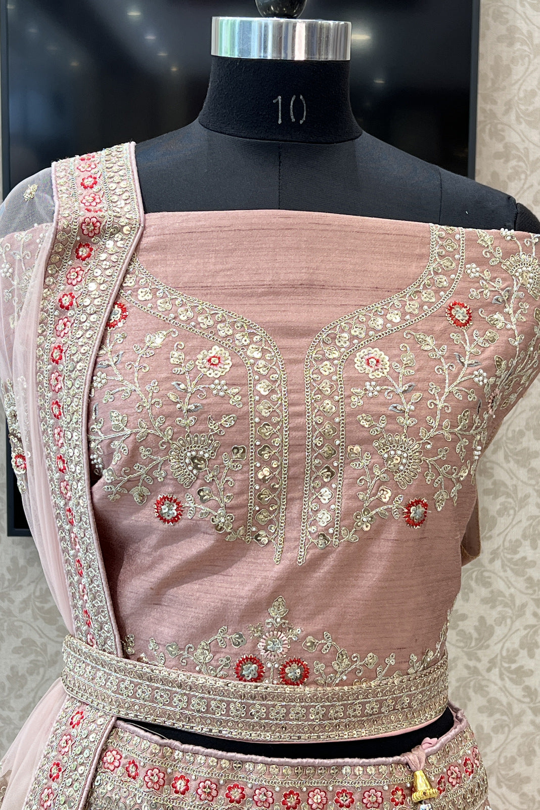 Onion Pink with Cream Sequins, Zari and Stone work Semi Stitched Designer Bridal Lehenga