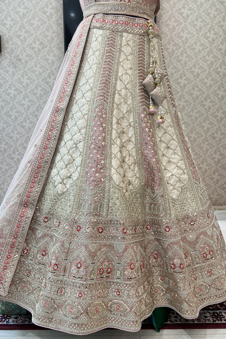 Onion Pink with Cream Sequins, Zari and Stone work Semi Stitched Designer Bridal Lehenga