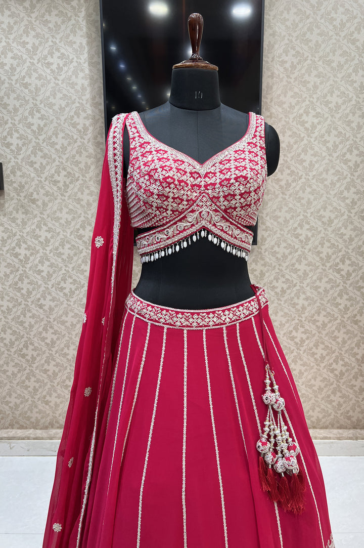 Rani Pink Sequins, Zari and Beads work Crop Top Designer Bridal Lehenga