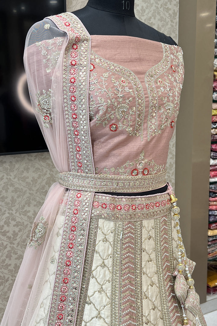 Onion Pink with Cream Sequins, Zari and Stone work Semi Stitched Designer Bridal Lehenga