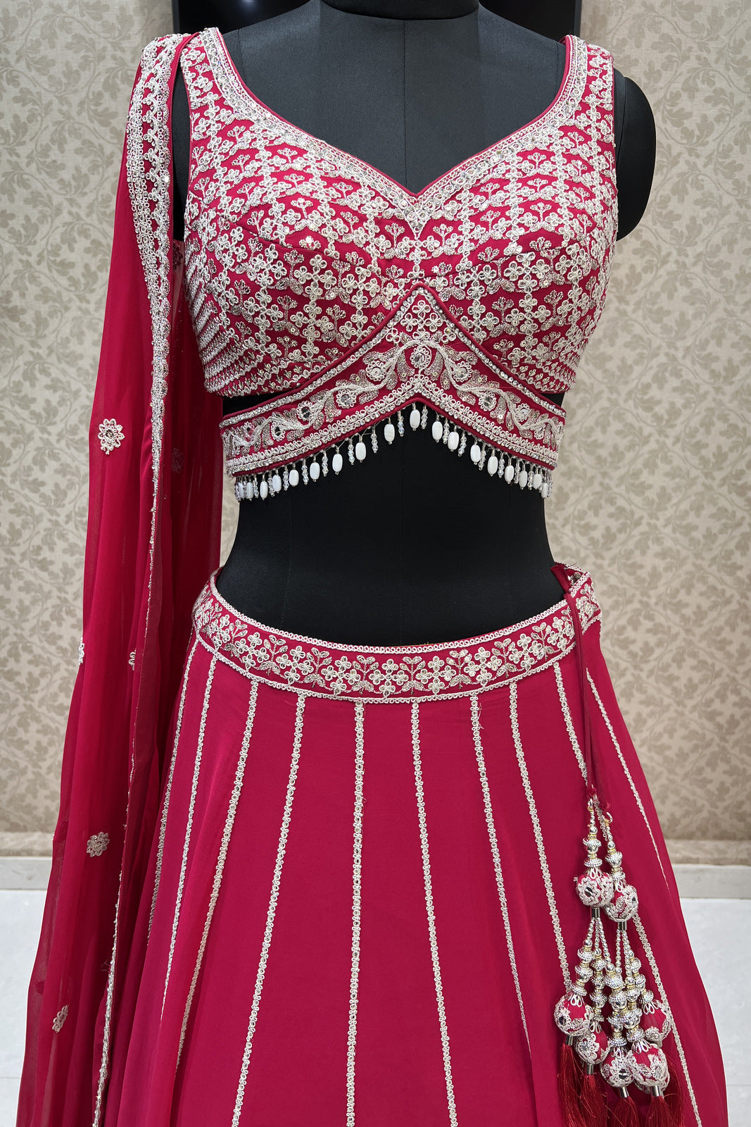 Rani Pink Sequins, Zari and Beads work Crop Top Designer Bridal Lehenga