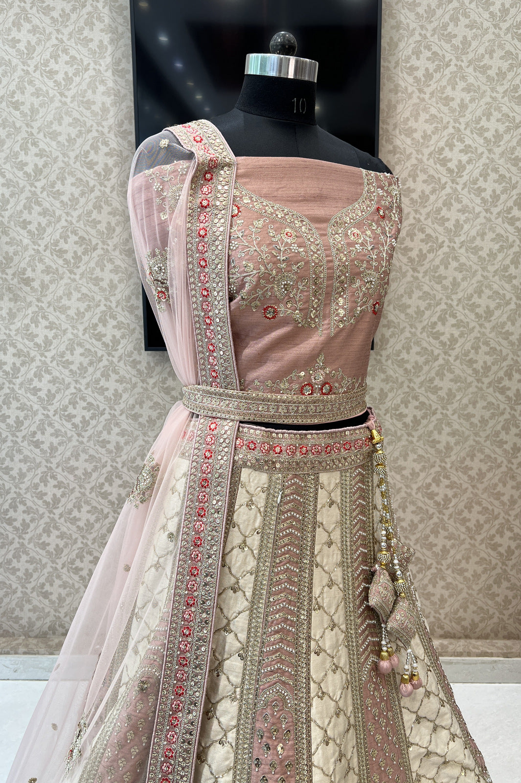 Onion Pink with Cream Sequins, Zari and Stone work Semi Stitched Designer Bridal Lehenga