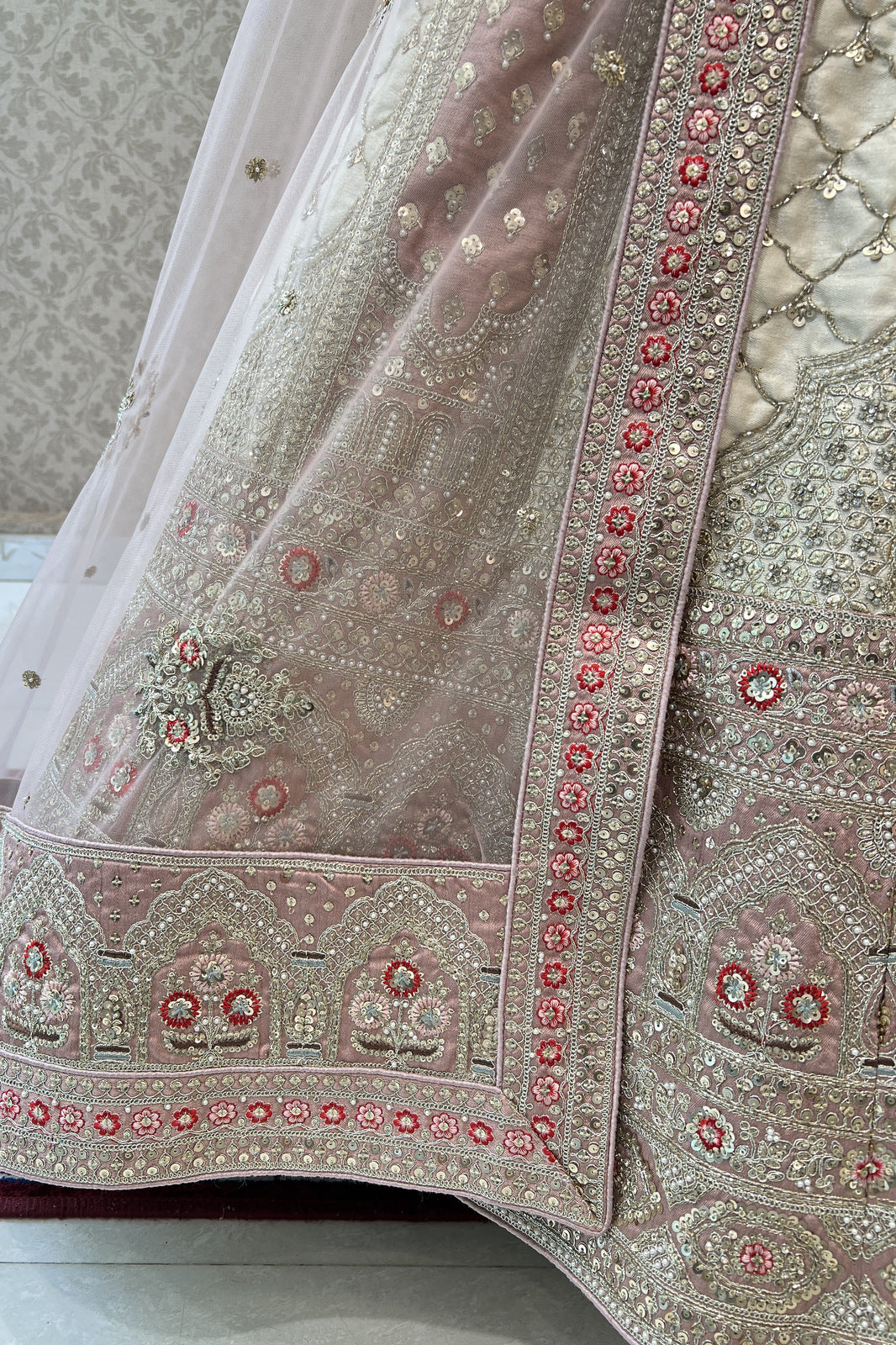 Onion Pink with Cream Sequins, Zari and Stone work Semi Stitched Designer Bridal Lehenga