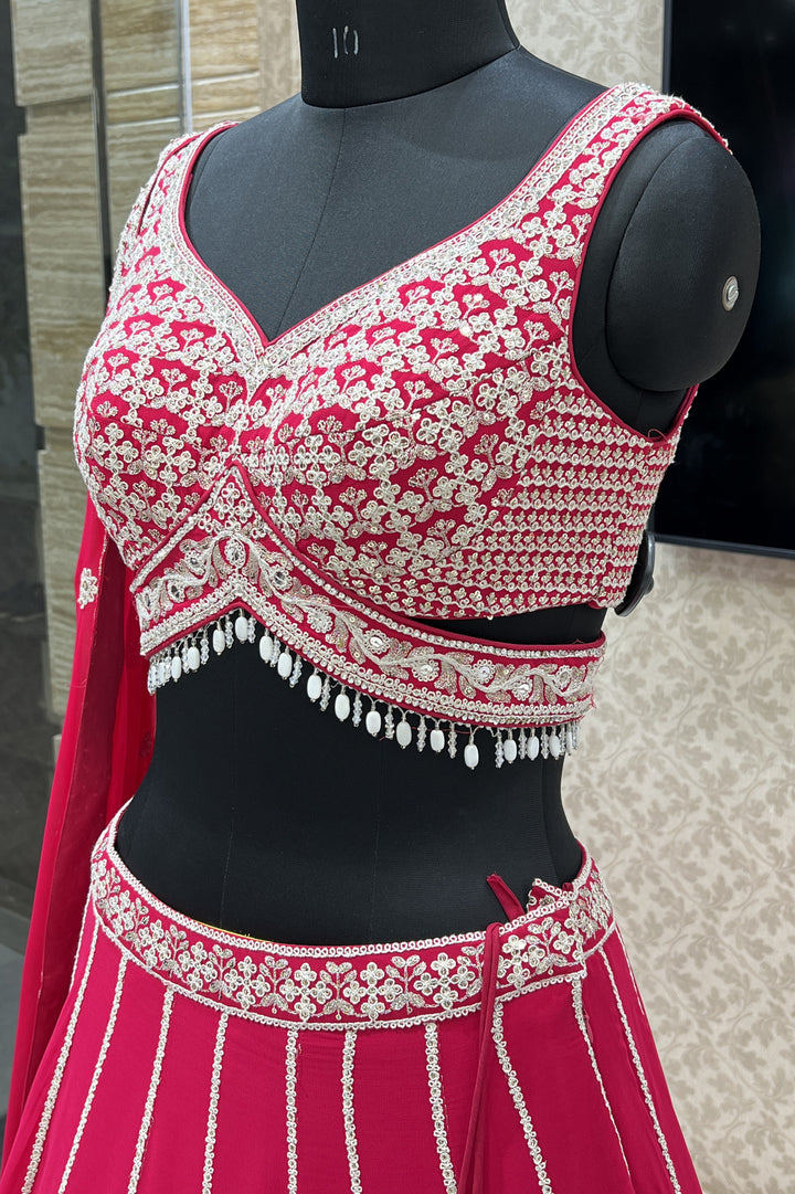 Rani Pink Sequins, Zari and Beads work Crop Top Designer Bridal Lehenga