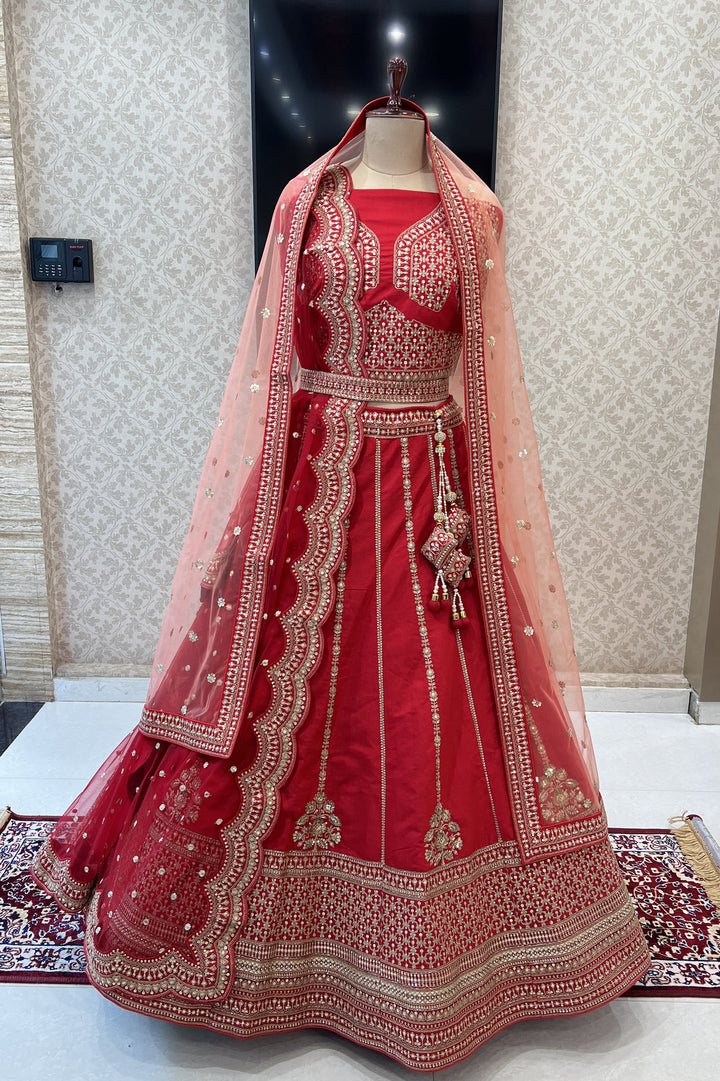 Red Sequins, Zari, Stone, Beads and Zardozi work Semi Stitched Designer Bridal Lehenga