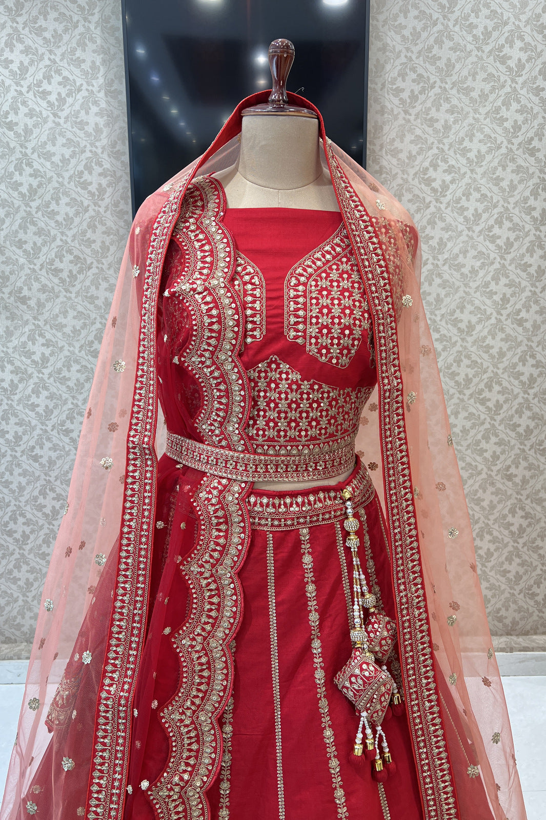 Red Sequins, Zari, Stone, Beads and Zardozi work Semi Stitched Designer Bridal Lehenga