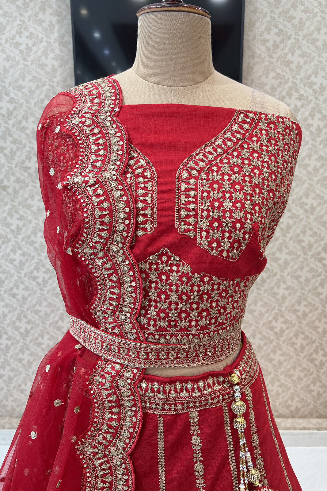 Red Sequins, Zari, Stone, Beads and Zardozi work Semi Stitched Designer Bridal Lehenga