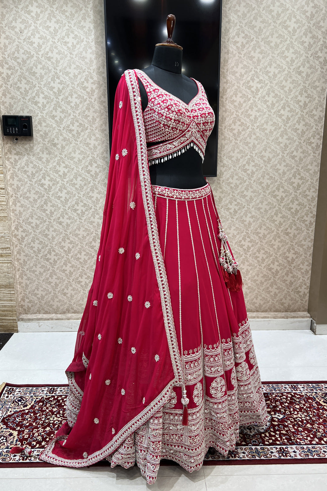 Rani Pink Sequins, Zari and Beads work Crop Top Designer Bridal Lehenga