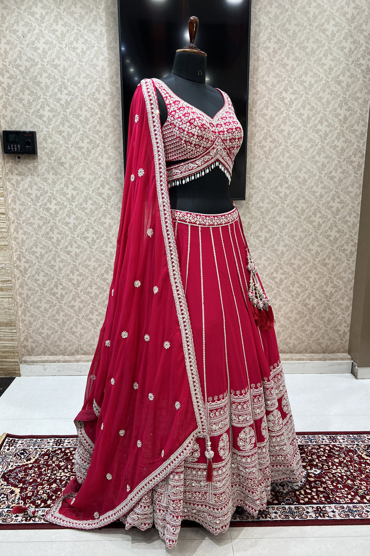 Rani Pink Sequins, Zari and Beads work Crop Top Designer Bridal Lehenga