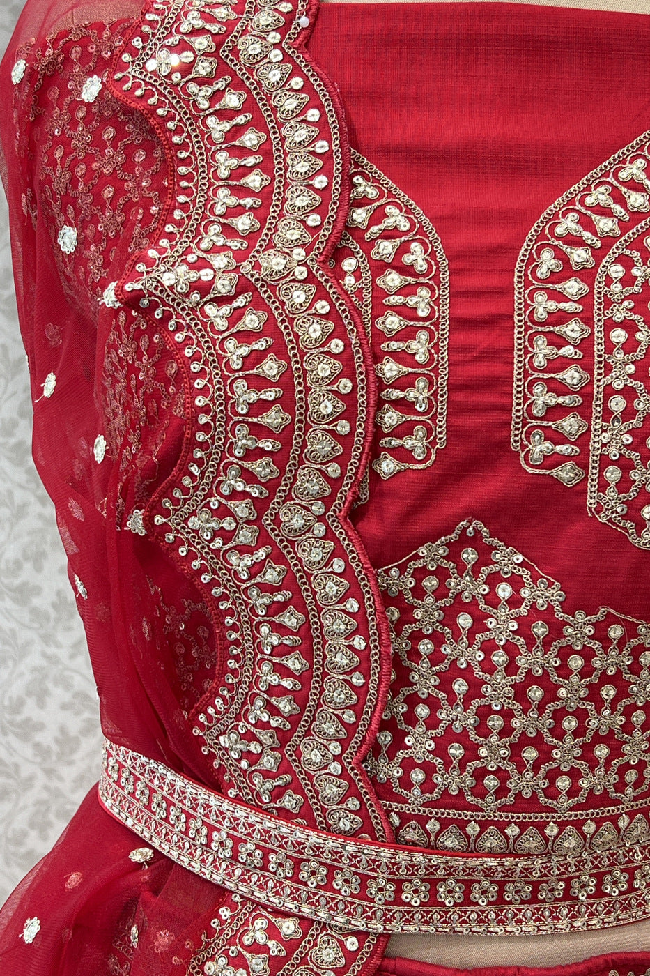 Red Sequins, Zari, Stone, Beads and Zardozi work Semi Stitched Designer Bridal Lehenga