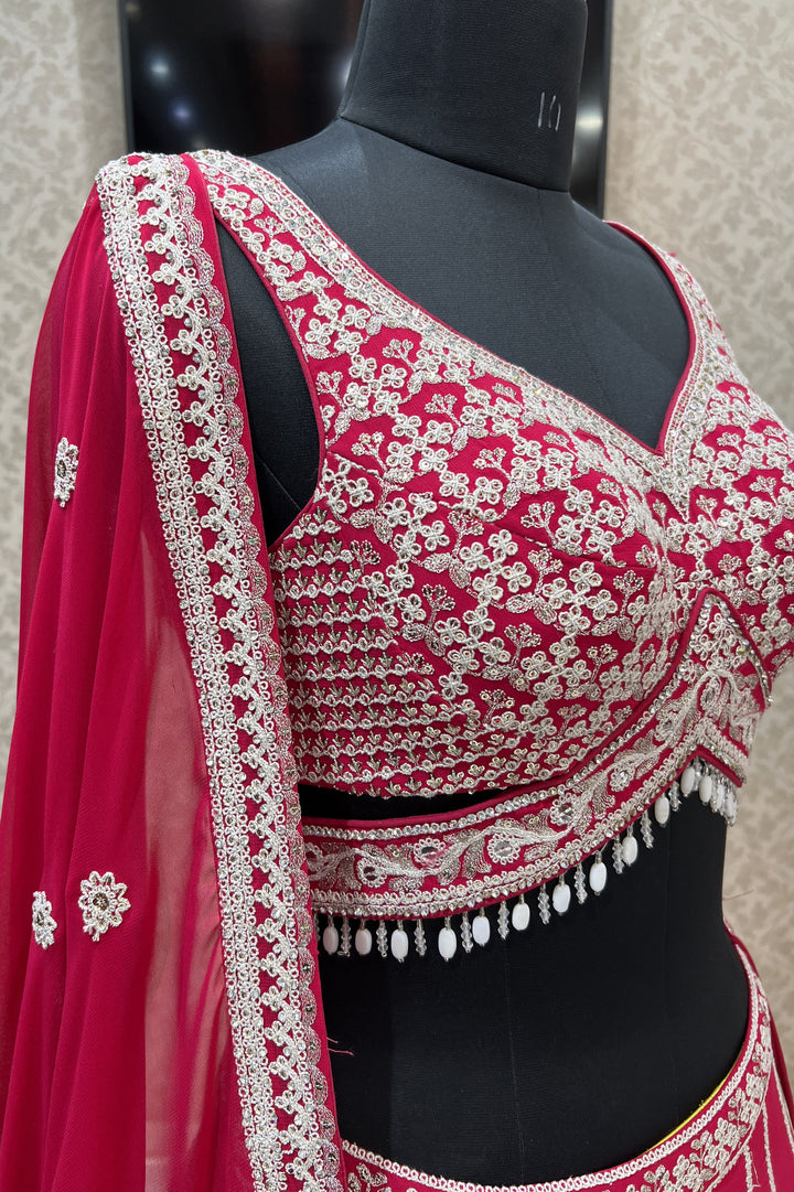 Rani Pink Sequins, Zari and Beads work Crop Top Designer Bridal Lehenga