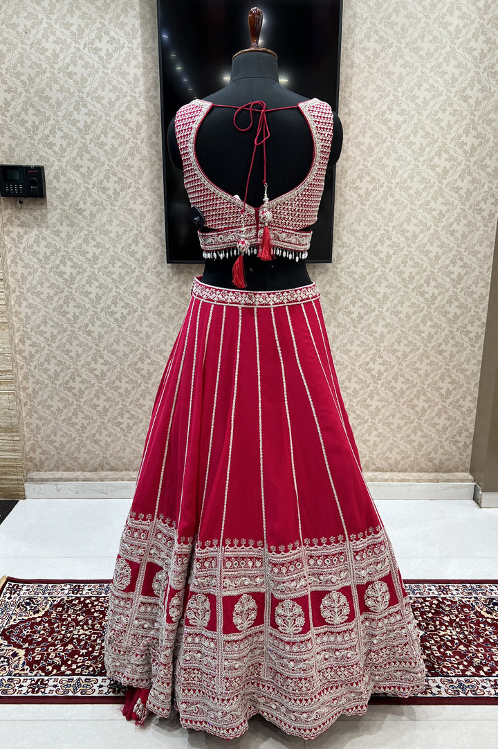 Rani Pink Sequins, Zari and Beads work Crop Top Designer Bridal Lehenga