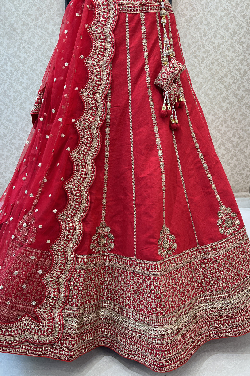 Red Sequins, Zari, Stone, Beads and Zardozi work Semi Stitched Designer Bridal Lehenga