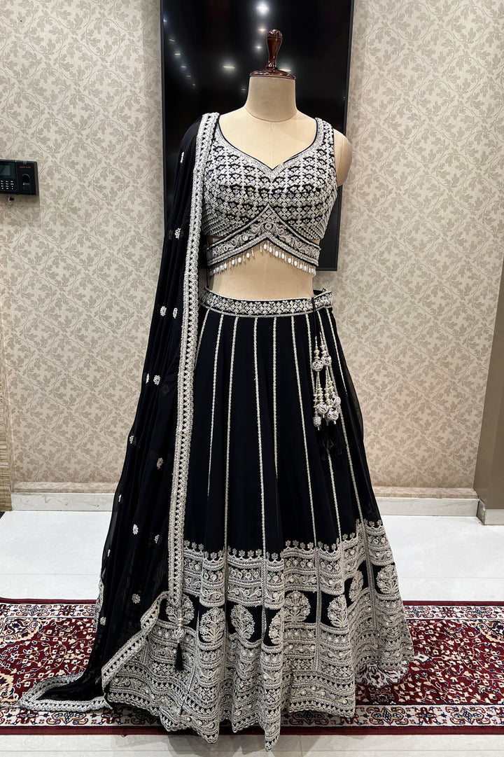 Black Sequins, Zari and Beads work Crop Top Designer Bridal Lehenga