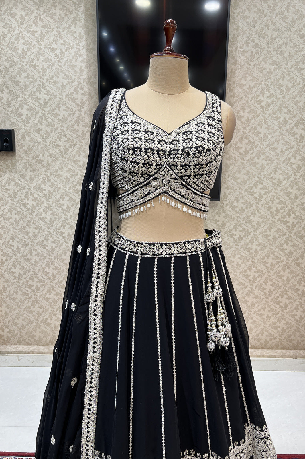 Black Sequins, Zari and Beads work Crop Top Designer Bridal Lehenga