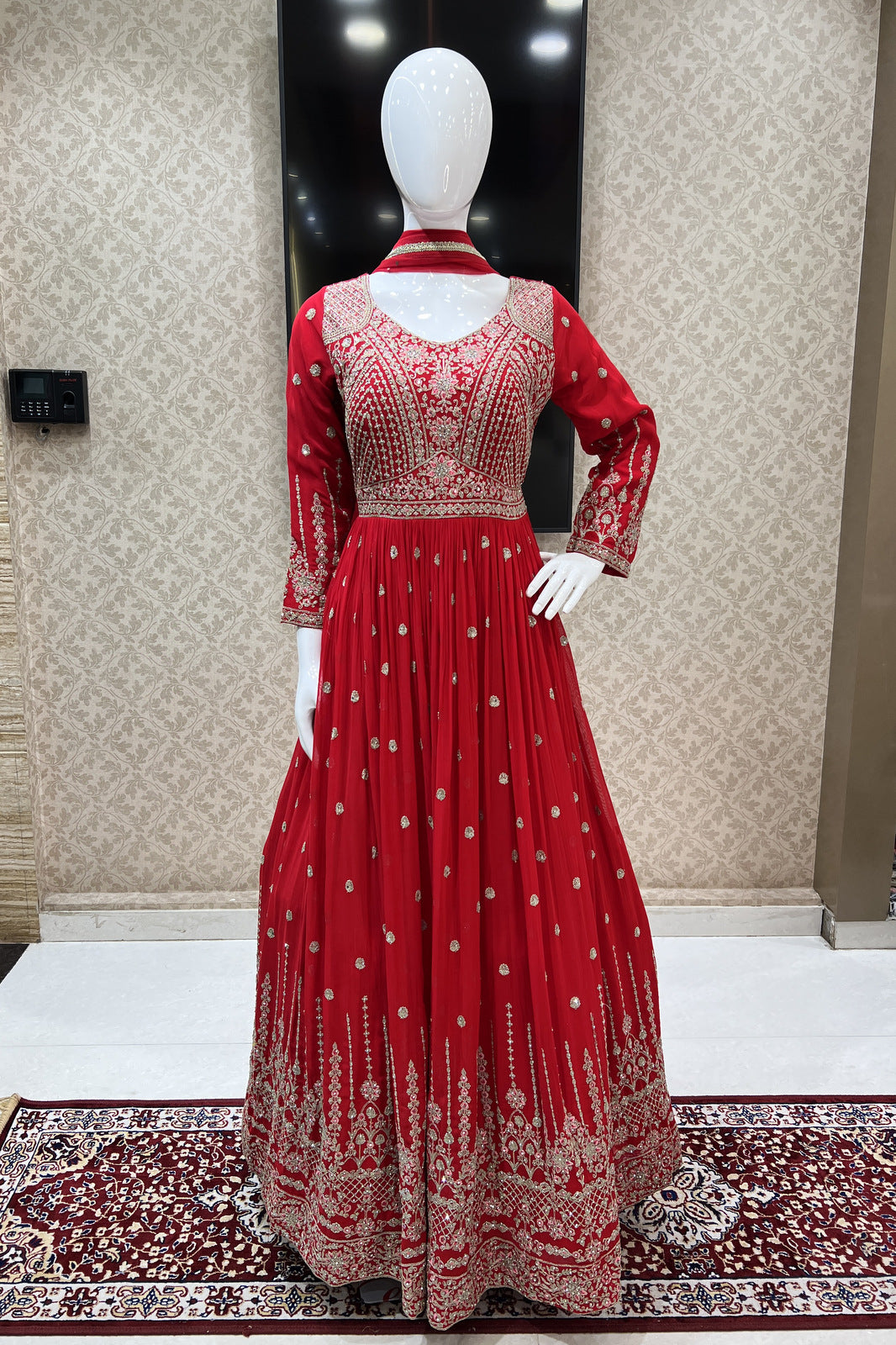 Red Stone, Thread and Zari work Floor Length Anarkali Suit