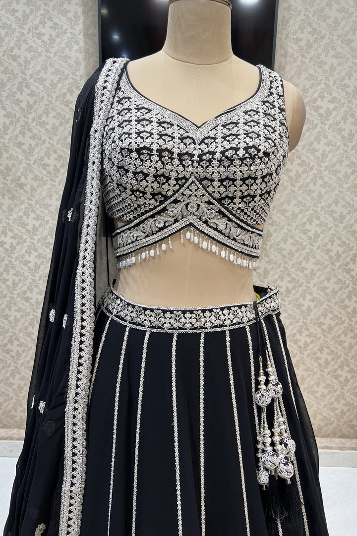 Black Sequins, Zari and Beads work Crop Top Designer Bridal Lehenga