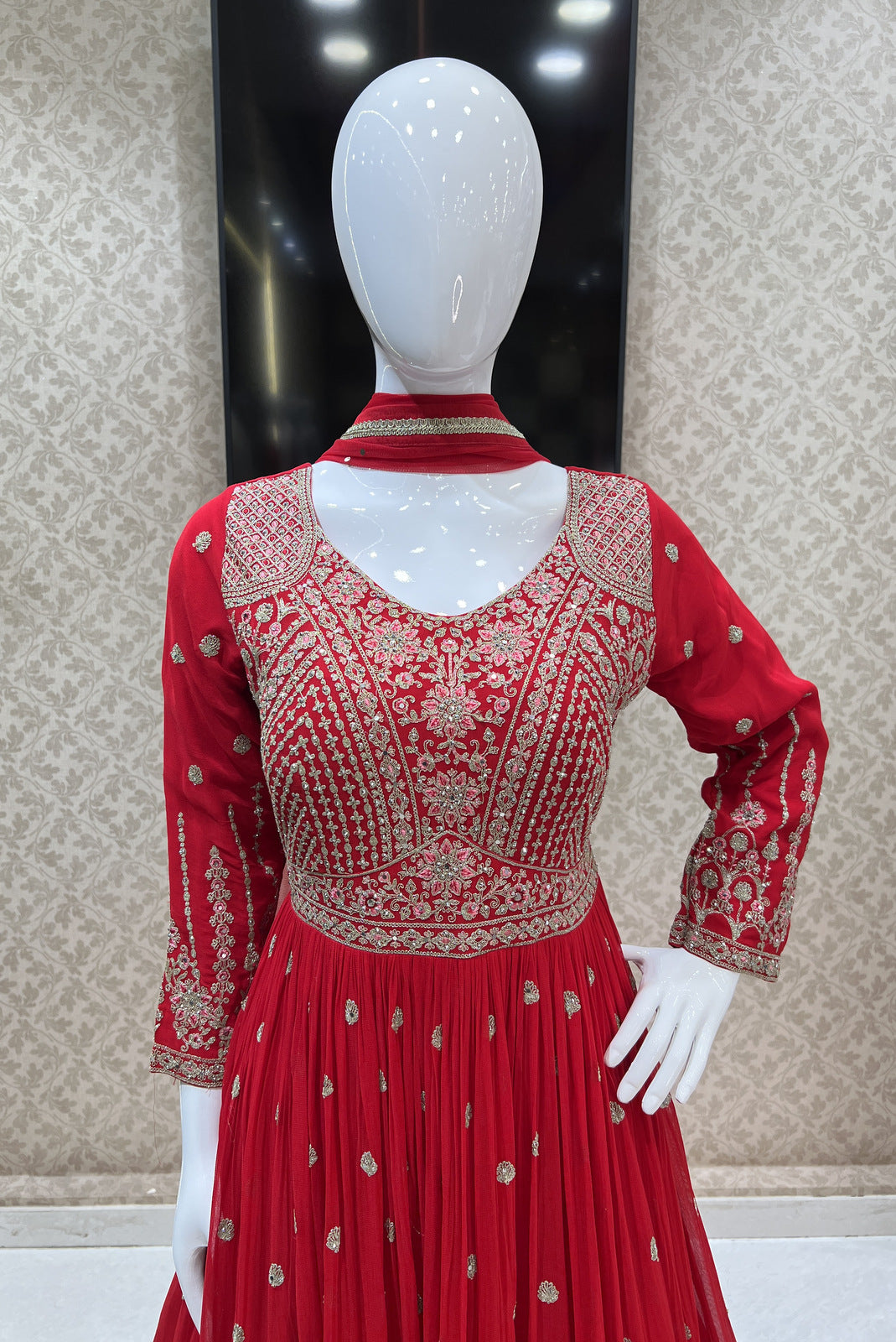 Red Stone, Thread and Zari work Floor Length Anarkali Suit