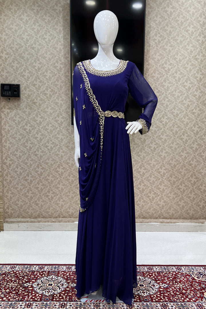 Purple Sequins, Beads and Stone work Indo Western Style Floor Length Anarkali Gown