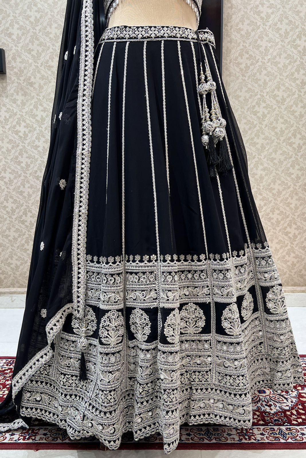 Black Sequins, Zari and Beads work Crop Top Designer Bridal Lehenga