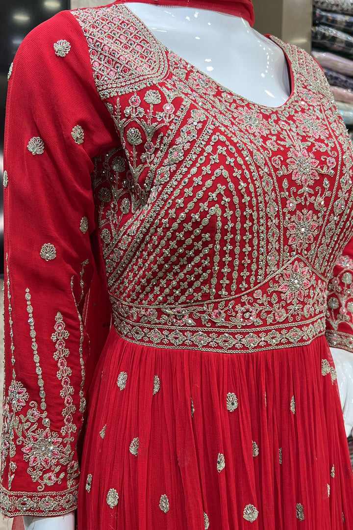 Red Stone, Thread and Zari work Floor Length Anarkali Suit