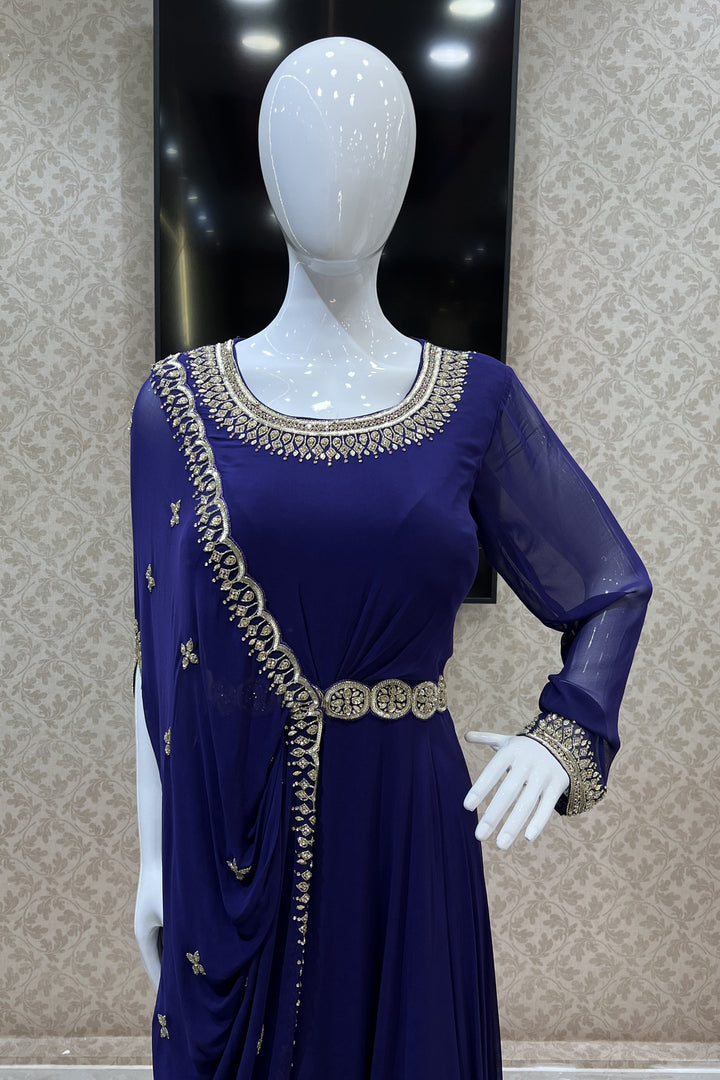 Purple Sequins, Beads and Stone work Indo Western Style Floor Length Anarkali Gown