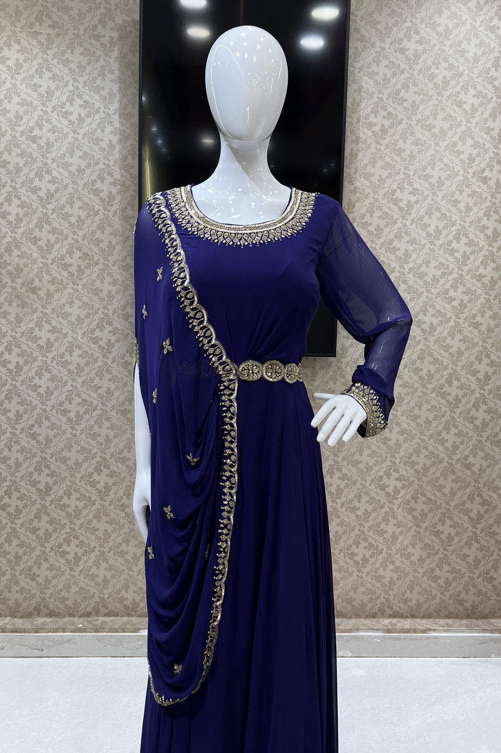 Purple Sequins, Beads and Stone work Indo Western Style Floor Length Anarkali Gown