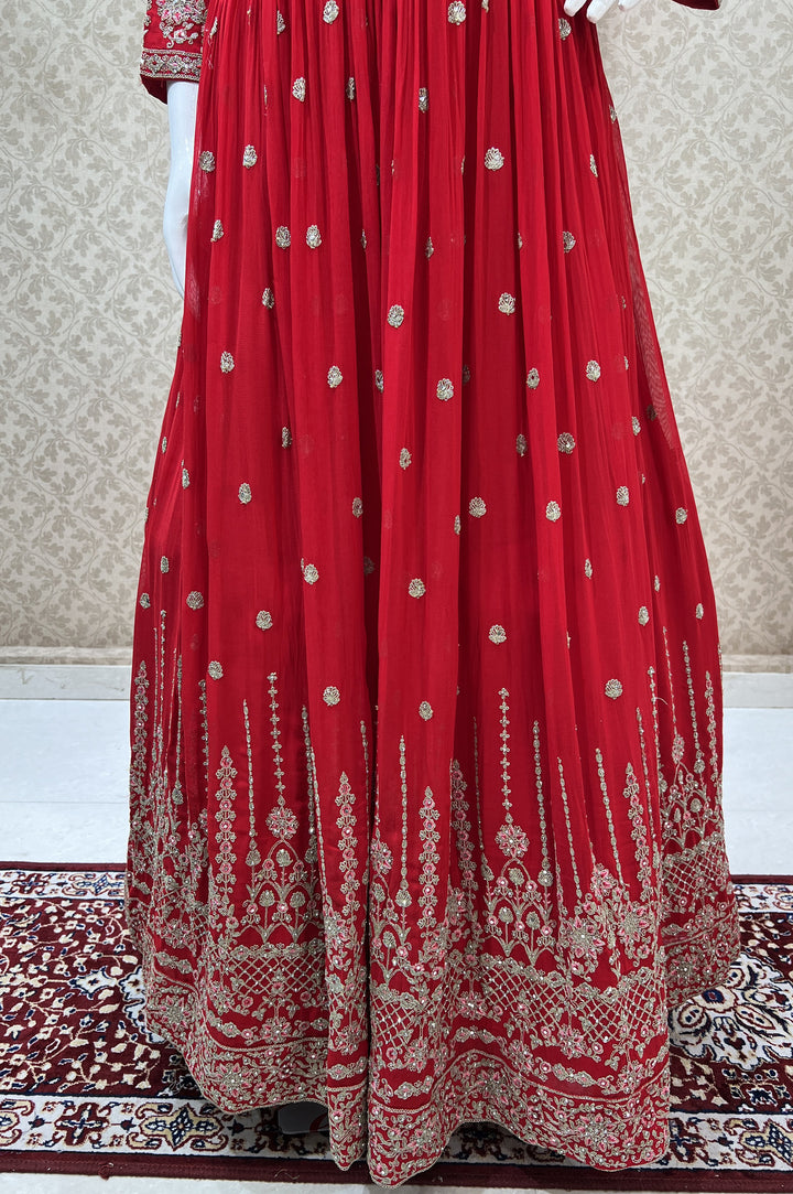 Red Stone, Thread and Zari work Floor Length Anarkali Suit