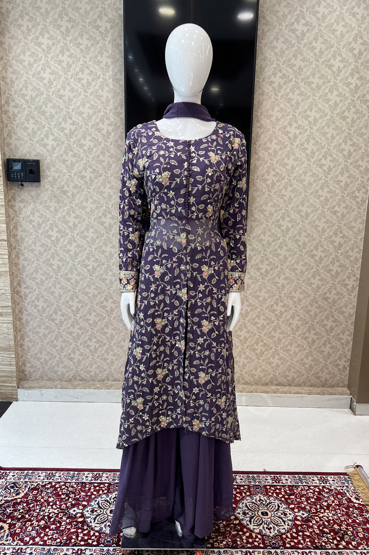 Lilac Zari, Sequins and Thread work Salwar Suit with Palazzo Pants