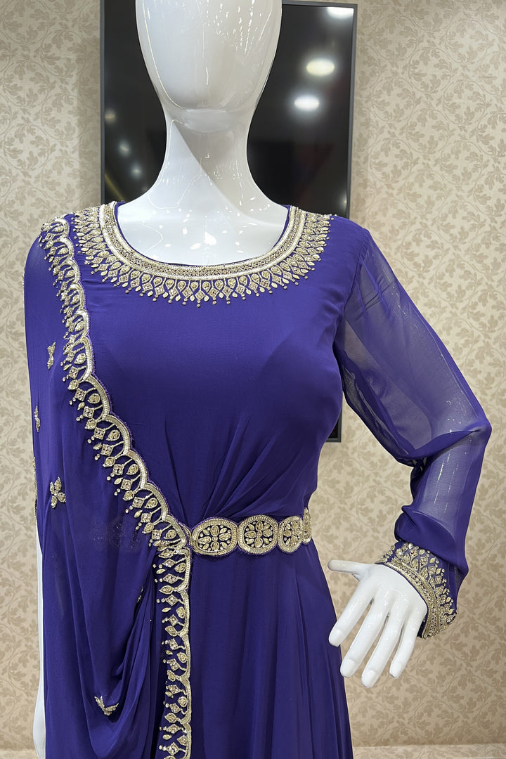 Purple Sequins, Beads and Stone work Indo Western Style Floor Length Anarkali Gown