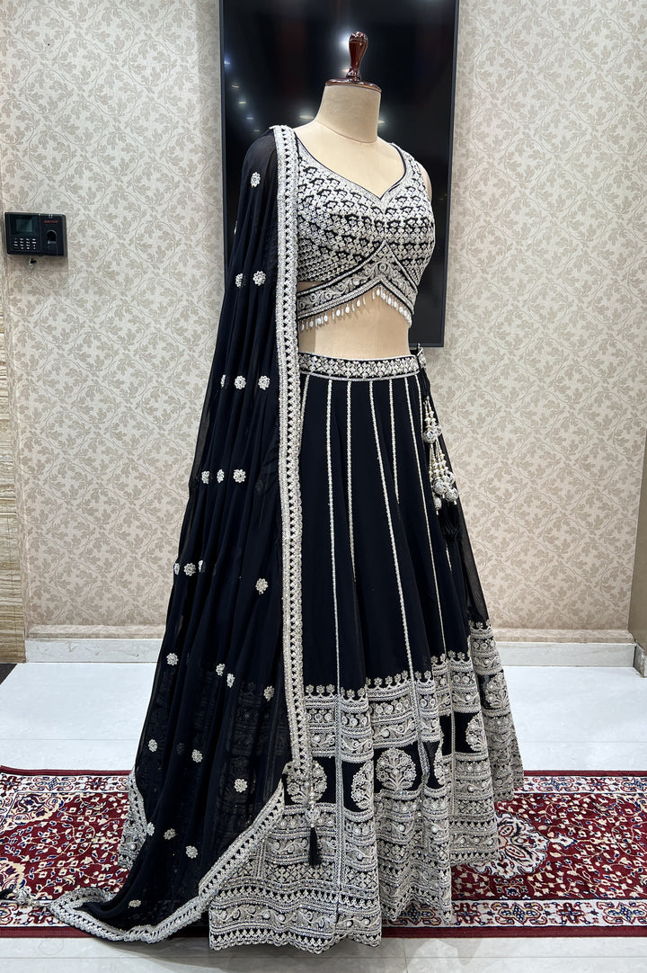 Black Sequins, Zari and Beads work Crop Top Designer Bridal Lehenga