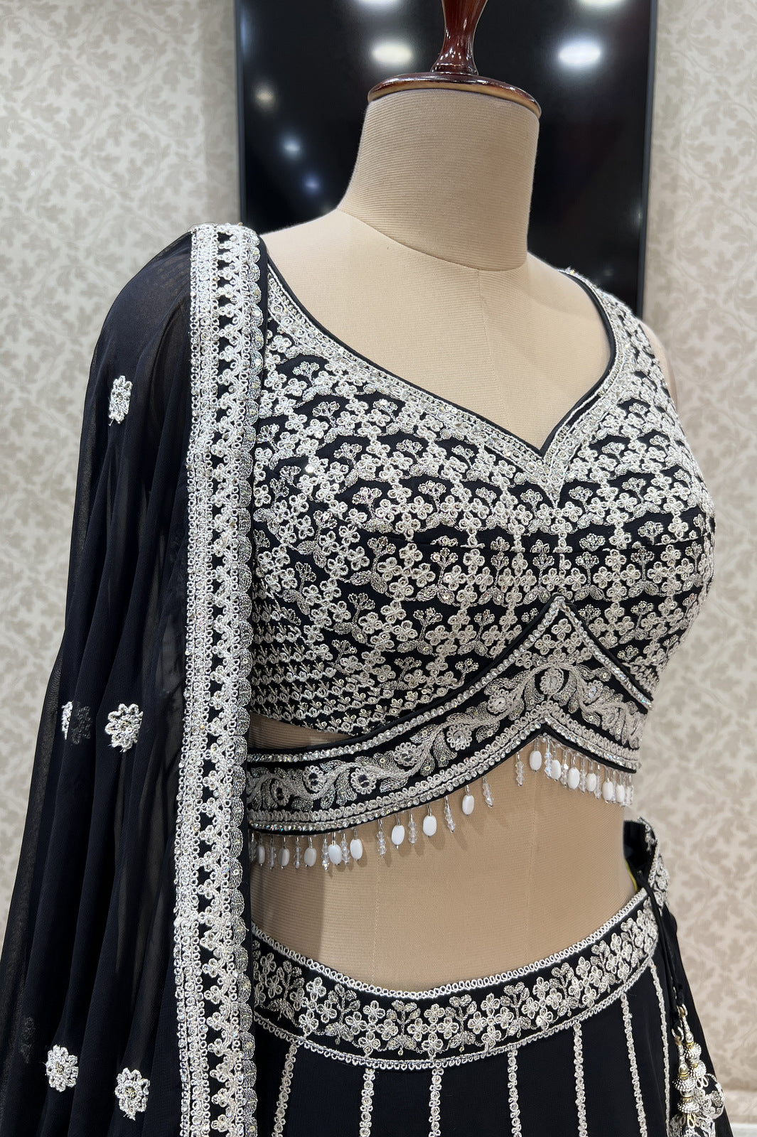 Black Sequins, Zari and Beads work Crop Top Designer Bridal Lehenga