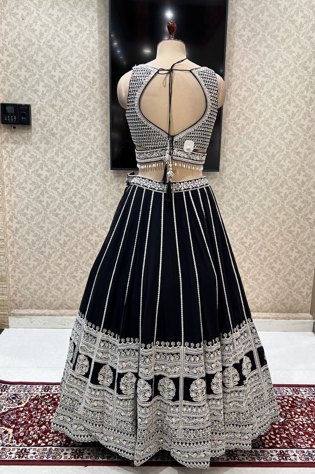 Black Sequins, Zari and Beads work Crop Top Designer Bridal Lehenga